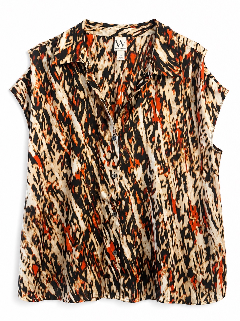 Worthington Orange Black Abstract Print Blouse 2x Plus Size Short Sleeve
